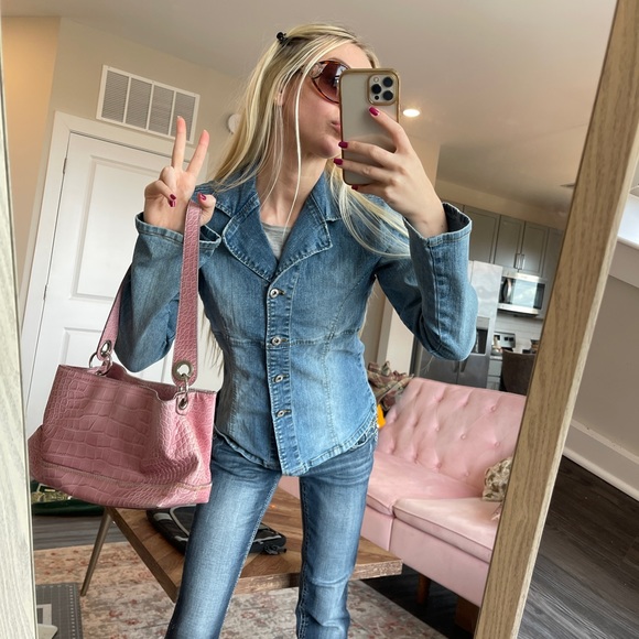 🍒Y2k jean denim blazer fitted top button up Britney Spears vibese - Picture 2 of 3
